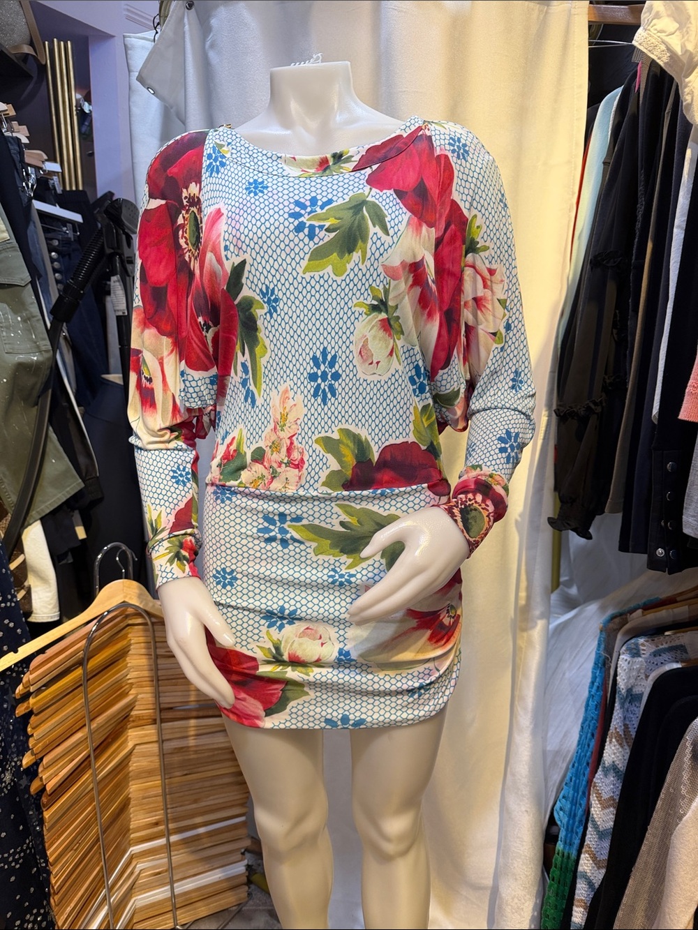 Dolce & Gabbana White Dress with Blue Lattice and Red Floral Print
